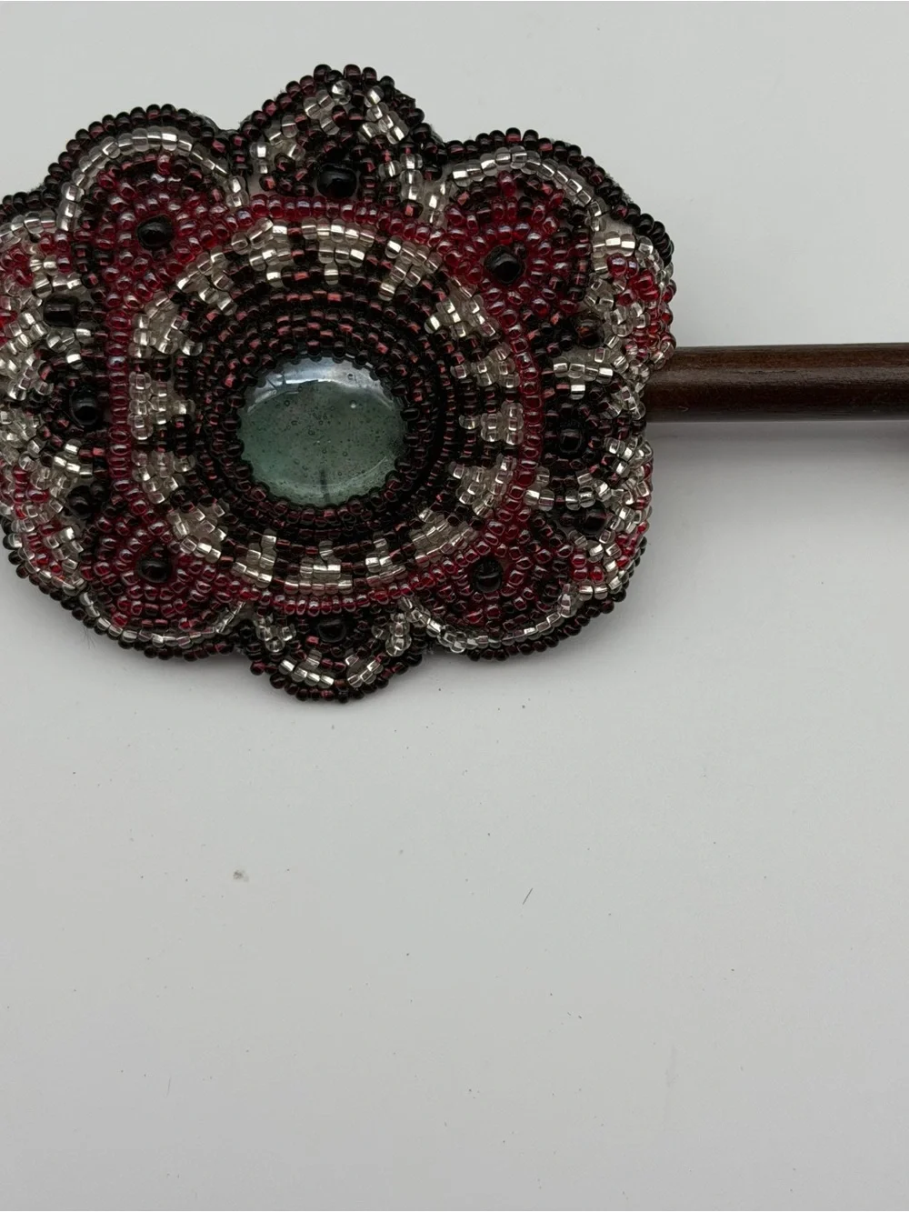 Native American Hand Beaded Barrette/Ponytail Holder With Wood Pin &Leather Back